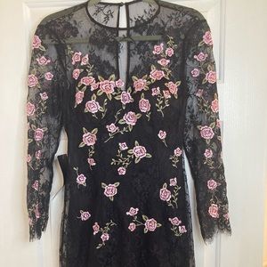 Bebe black and pink rose long sleeve cocktail dress